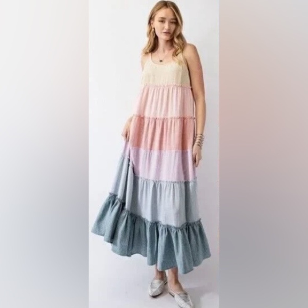 Easel Dreamsicle Gingham Maxi Dress with Ruffle Trim Tiers, size S